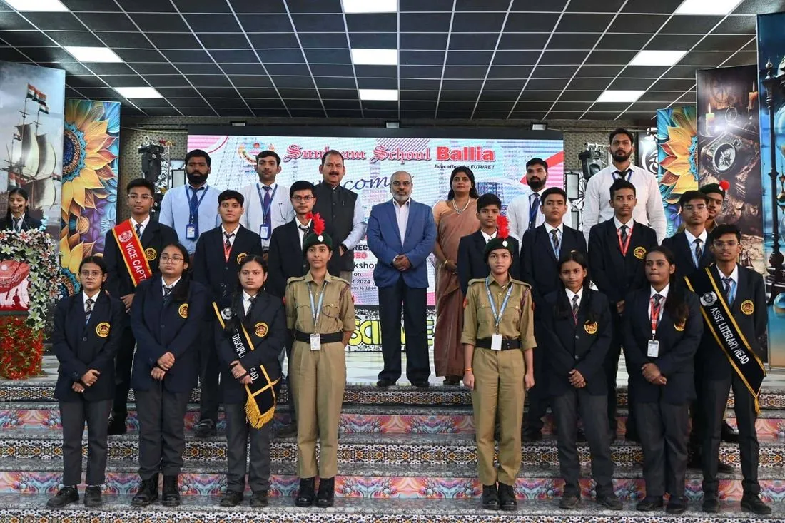 Student council office-bearers and NCC cadets on stage at Sunbeam School Ballia.