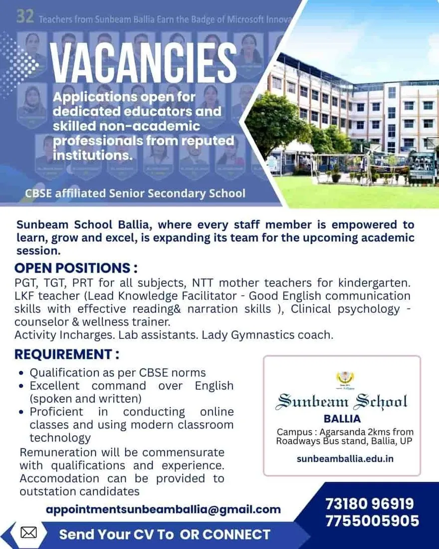 Recruitment poster headed "Vacancies" from Sunbeam School Ballia, a CBSE-affiliated senior secondary school. Applications open for dedicated educators and skilled non-academic professionals from reputed institutions, as the school expands its team for the upcoming academic session. Open positions: PGT, TGT and PRT for all subjects; NTT mother teachers for kindergarten; LKF teacher (Lead Knowledge Facilitator) needing good English communication with effective reading and narration skills; clinical psychology counsellor and wellness trainer; activity in-charges; lab assistants; lady gymnastics coach. Requirements: qualification as per CBSE norms; excellent command over English, spoken and written; proficiency in conducting online classes and using modern classroom technology. Remuneration commensurate with qualifications and experience. Accommodation can be provided to outstation candidates. CVs to appointmentsunbeamballia@gmail.com; telephone 73180 96919 and 7755005905.