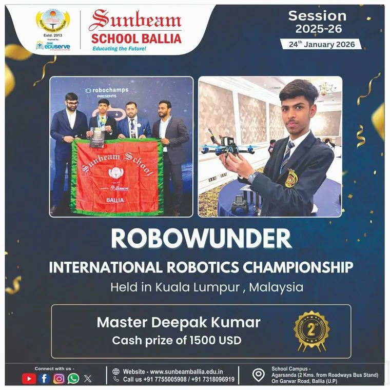 The school’s award graphic for the RoboWunder International Robotics Championship in Kuala Lumpur, showing Deepak Kumar with his drone and the team receiving the award.