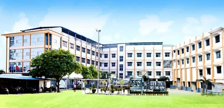 The Sunbeam School Ballia academic blocks at Agarsanda, seen across the school lawn.